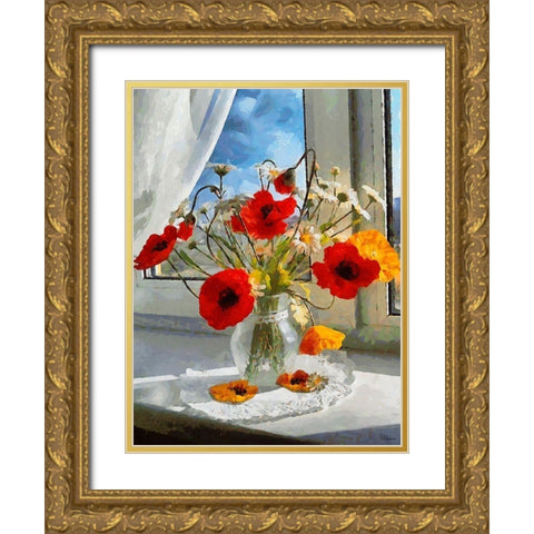 Red Poppies in Vase Gold Ornate Wood Framed Art Print with Double Matting by Medeiros, Celito
