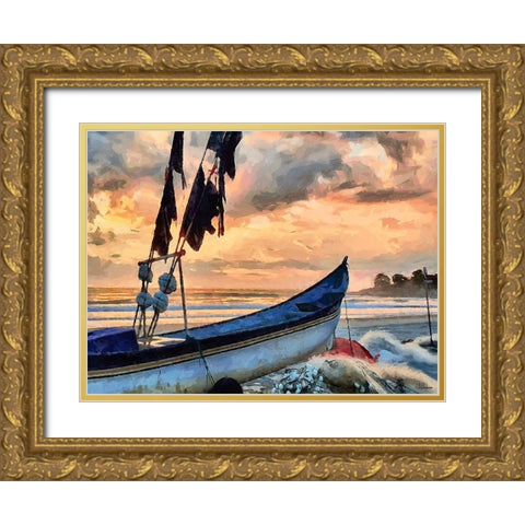 Boat by Sunset Gold Ornate Wood Framed Art Print with Double Matting by Medeiros, Celito