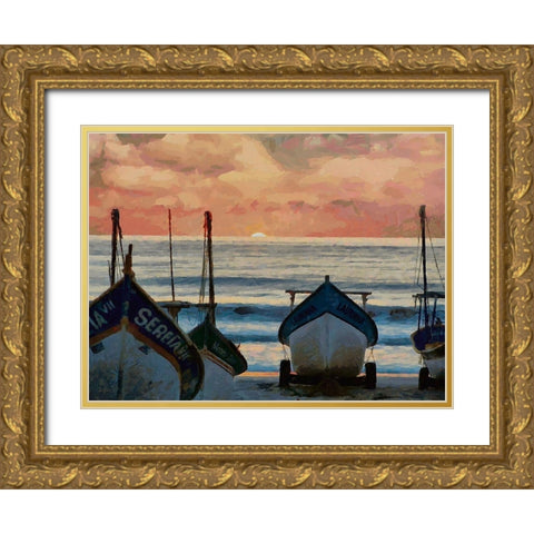 Boats by Sunset Gold Ornate Wood Framed Art Print with Double Matting by Medeiros, Celito