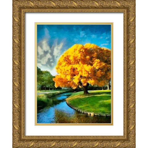 A Big Yellow Tree Gold Ornate Wood Framed Art Print with Double Matting by Medeiros, Celito