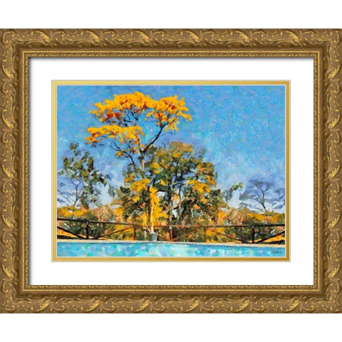 Yellow Tree by Swiiming Pool Gold Ornate Wood Framed Art Print with Double Matting by Medeiros, Celito