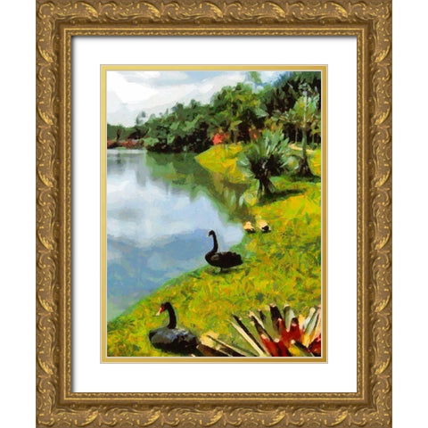 Black Swans by the Lake Gold Ornate Wood Framed Art Print with Double Matting by Medeiros, Celito