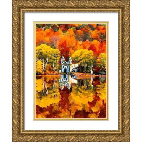 Churche by the Lake in Autumn Gold Ornate Wood Framed Art Print with Double Matting by Medeiros, Celito