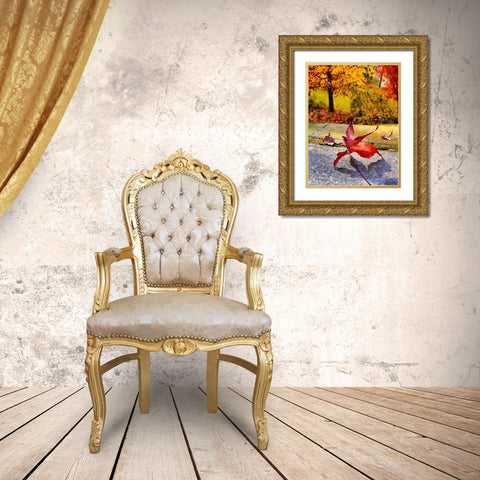 Red Leaf on the Street Gold Ornate Wood Framed Art Print with Double Matting by Medeiros, Celito