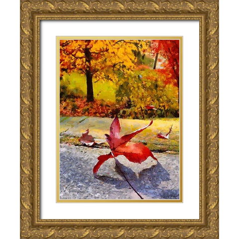 Red Leaf on the Street Gold Ornate Wood Framed Art Print with Double Matting by Medeiros, Celito