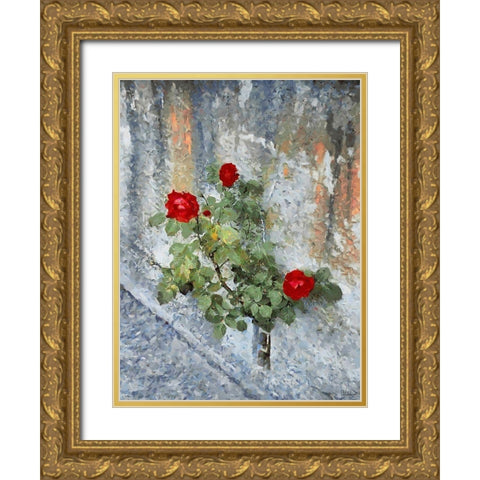 Three Red Roses Gold Ornate Wood Framed Art Print with Double Matting by Medeiros, Celito