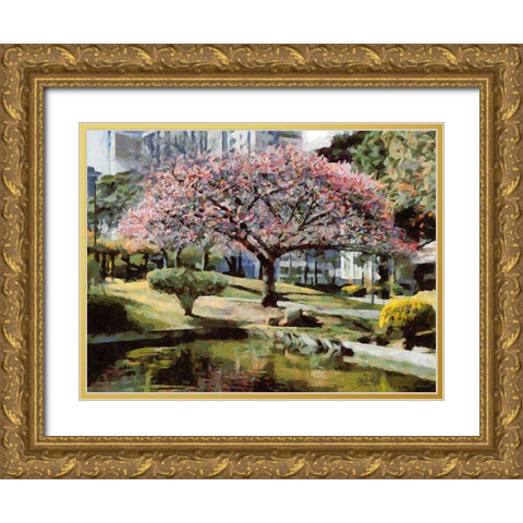 Pink Tree Gold Ornate Wood Framed Art Print with Double Matting by Medeiros, Celito