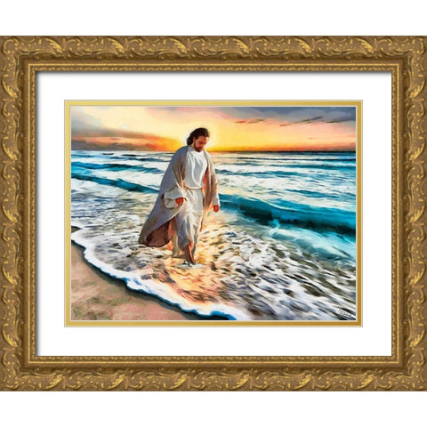 Jesus walking on the Beach Gold Ornate Wood Framed Art Print with Double Matting by Medeiros, Celito