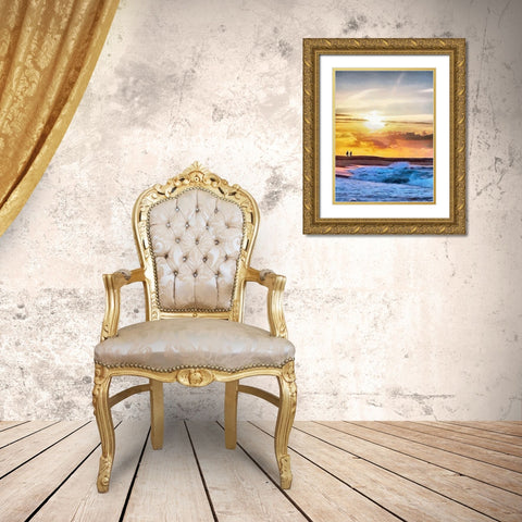 A Walk by Sunset on the Beach Gold Ornate Wood Framed Art Print with Double Matting by Medeiros, Celito