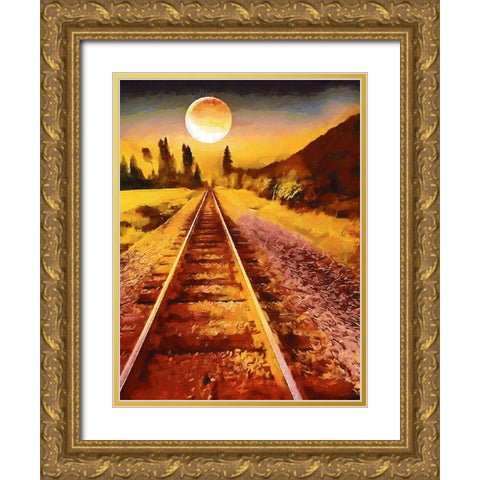 Full Moon over the Railway Gold Ornate Wood Framed Art Print with Double Matting by Medeiros, Celito