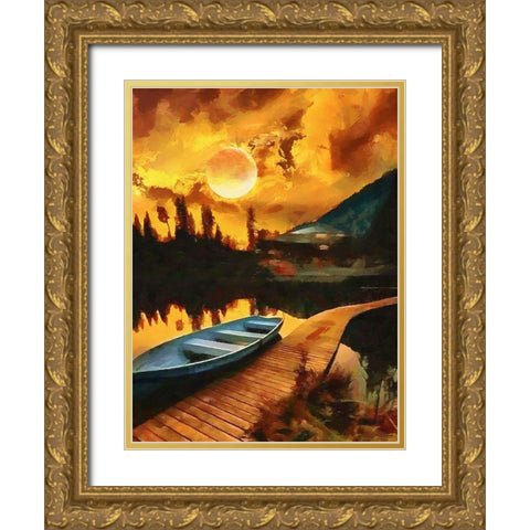 Full Moon over the Lake Gold Ornate Wood Framed Art Print with Double Matting by Medeiros, Celito