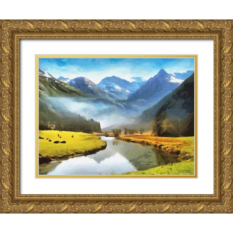 River under the Mountains Gold Ornate Wood Framed Art Print with Double Matting by Medeiros, Celito
