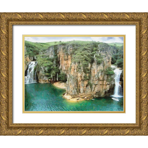 Two Wattefalls near a Rock Gold Ornate Wood Framed Art Print with Double Matting by Medeiros, Celito