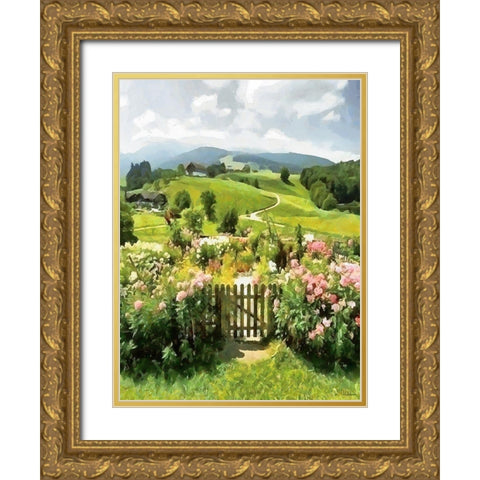 Flowers by the Fence Door Gold Ornate Wood Framed Art Print with Double Matting by Medeiros, Celito