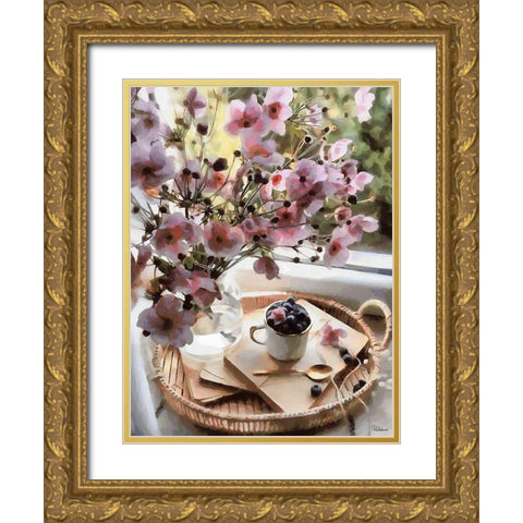 Pink Flowers with Blueberries Gold Ornate Wood Framed Art Print with Double Matting by Medeiros, Celito