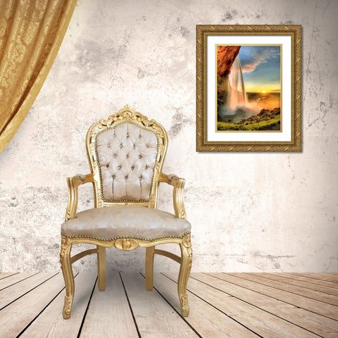 Watterfall on Iceland Gold Ornate Wood Framed Art Print with Double Matting by Medeiros, Celito