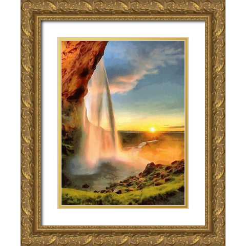 Watterfall on Iceland Gold Ornate Wood Framed Art Print with Double Matting by Medeiros, Celito