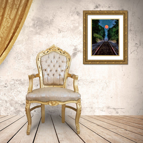 Full Moon over the Railroad  Gold Ornate Wood Framed Art Print with Double Matting by Medeiros, Celito