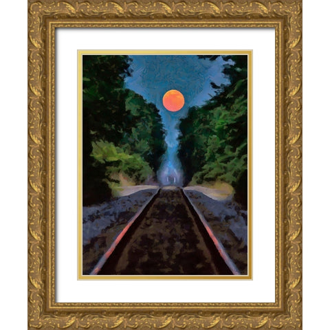 Full Moon over the Railroad  Gold Ornate Wood Framed Art Print with Double Matting by Medeiros, Celito