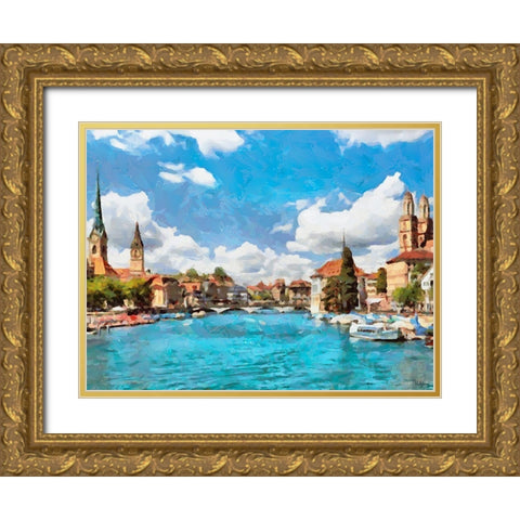 Blue Rhein River Gold Ornate Wood Framed Art Print with Double Matting by Medeiros, Celito