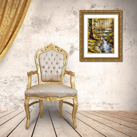 Small Stream in Forest Gold Ornate Wood Framed Art Print with Double Matting by Medeiros, Celito