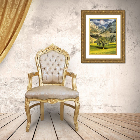 Fresh Green Tree with Mountains behind Gold Ornate Wood Framed Art Print with Double Matting by Medeiros, Celito