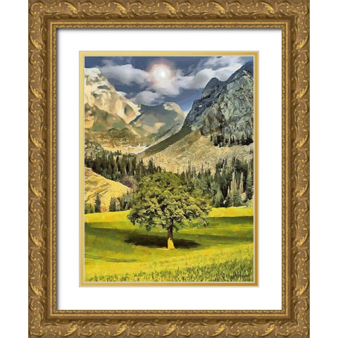 Fresh Green Tree with Mountains behind Gold Ornate Wood Framed Art Print with Double Matting by Medeiros, Celito
