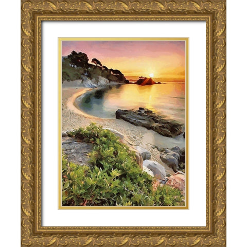 Romantic sunset over the Sandbeach Gold Ornate Wood Framed Art Print with Double Matting by Medeiros, Celito