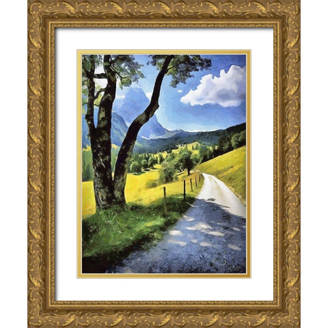 A Big Tree by the Way in the Alps Gold Ornate Wood Framed Art Print with Double Matting by Medeiros, Celito