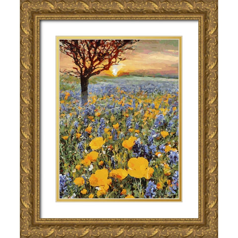 Yellow and Purple Flowers Gold Ornate Wood Framed Art Print with Double Matting by Medeiros, Celito