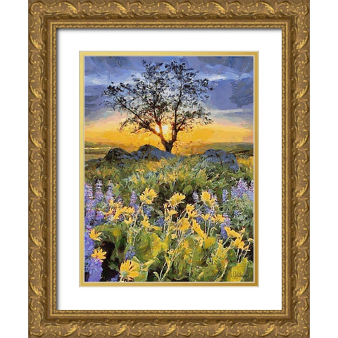 Yellow and Purple Flowers II Gold Ornate Wood Framed Art Print with Double Matting by Medeiros, Celito