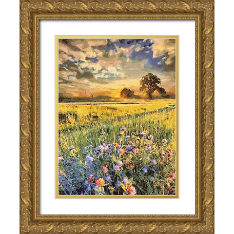 Sunset over Flowers IV Gold Ornate Wood Framed Art Print with Double Matting by Medeiros, Celito