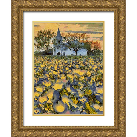 White Church behind a Filed with Flowers Gold Ornate Wood Framed Art Print with Double Matting by Medeiros, Celito