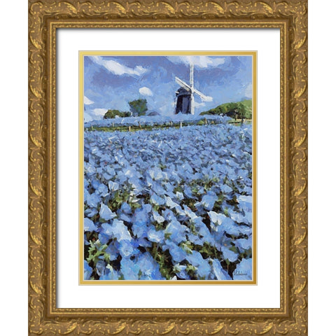 Windmill behind a Filed with Flowers Gold Ornate Wood Framed Art Print with Double Matting by Medeiros, Celito