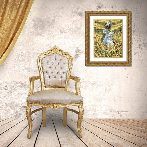 Small Girl with Flowers I Gold Ornate Wood Framed Art Print with Double Matting by Medeiros, Celito