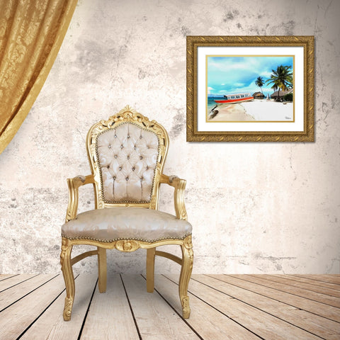 Red Boat on the Beach Gold Ornate Wood Framed Art Print with Double Matting by Medeiros, Celito