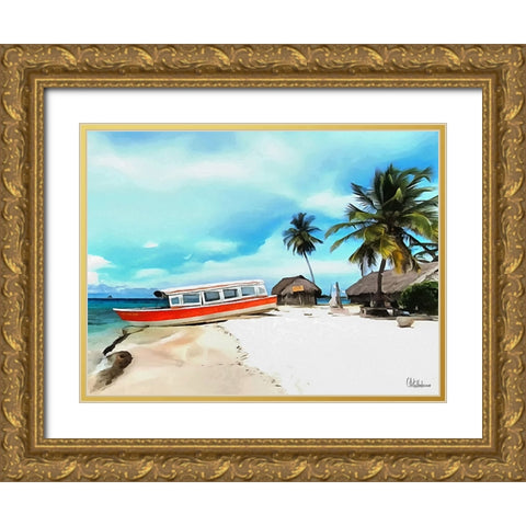 Red Boat on the Beach Gold Ornate Wood Framed Art Print with Double Matting by Medeiros, Celito