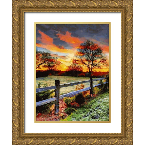 Sunset over the Pond behing the Fence Gold Ornate Wood Framed Art Print with Double Matting by Medeiros, Celito