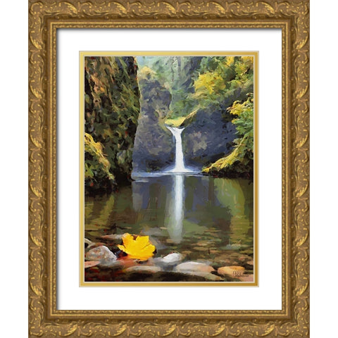 Wattefall with a Yellow Bloom Gold Ornate Wood Framed Art Print with Double Matting by Medeiros, Celito