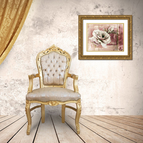 Rose with Pink Background Gold Ornate Wood Framed Art Print with Double Matting by Medeiros, Celito