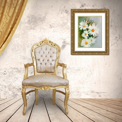 White Daisies Gold Ornate Wood Framed Art Print with Double Matting by Medeiros, Celito