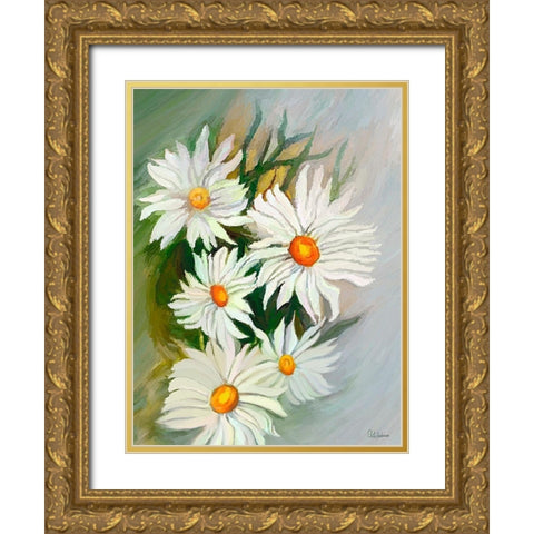 White Daisies Gold Ornate Wood Framed Art Print with Double Matting by Medeiros, Celito