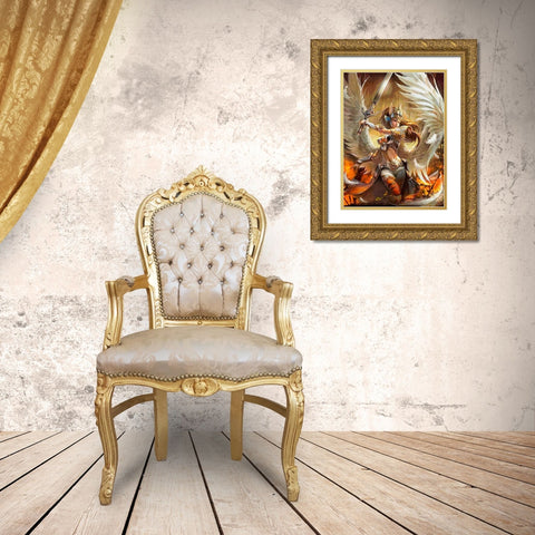 An Angel with sward Gold Ornate Wood Framed Art Print with Double Matting by Medeiros, Celito
