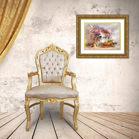Stilllife with Flowers and Fruits Gold Ornate Wood Framed Art Print with Double Matting by Medeiros, Celito