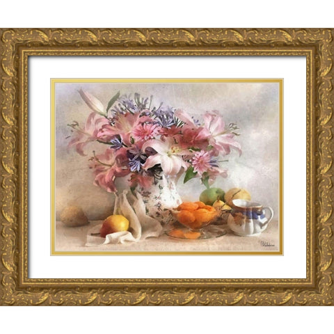 Stilllife with Flowers and Fruits Gold Ornate Wood Framed Art Print with Double Matting by Medeiros, Celito