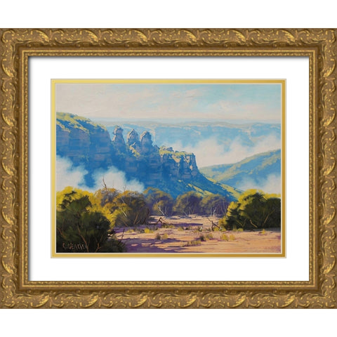 Three Sister Blue Mountains Gold Ornate Wood Framed Art Print with Double Matting by Gercken, Graham