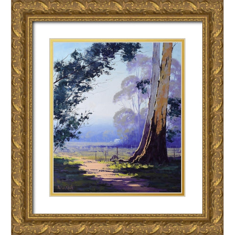 Kangaroo and Gum Tree Gold Ornate Wood Framed Art Print with Double Matting by Gercken, Graham