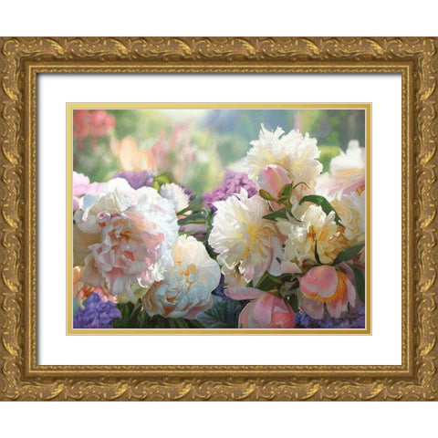 Peonies in the Morning Gold Ornate Wood Framed Art Print with Double Matting by Kopania, Zbigniew