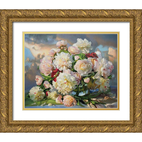 Peonies Dancing with the Clouds Gold Ornate Wood Framed Art Print with Double Matting by Kopania, Zbigniew