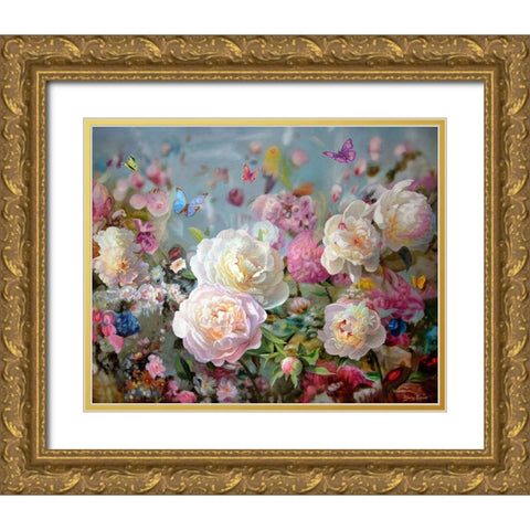 Peonies and Butterflies Gold Ornate Wood Framed Art Print with Double Matting by Kopania, Zbigniew